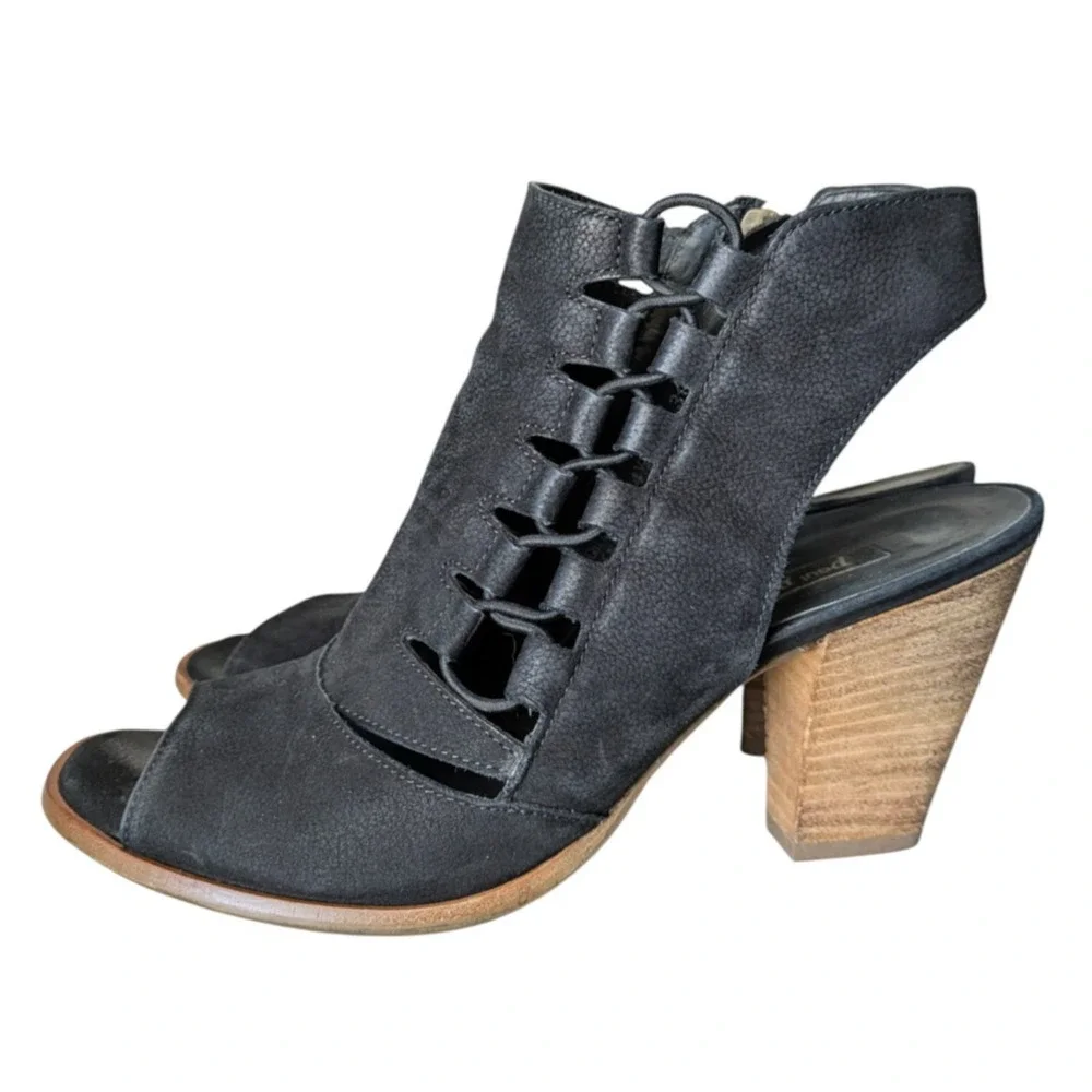 Paul Green Mindy Black Leather Lace Up Cut Out Heeled Sandal Size UK 4.5 US 7